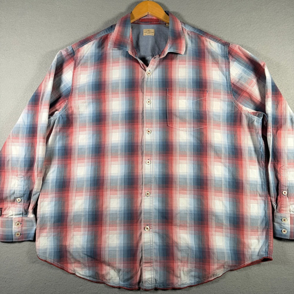 Tommy Bahama Jeans Mens XXL Plaid Button Down Shirt Red White Blue Cotton